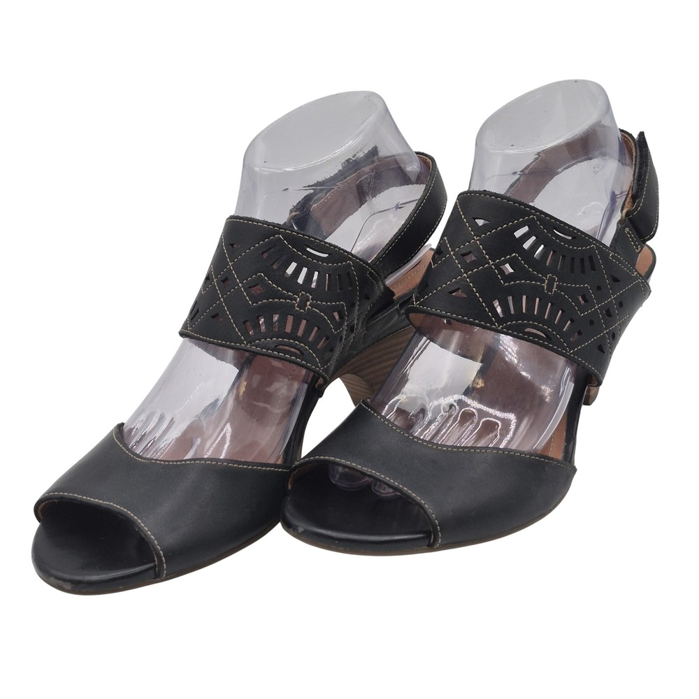 Clarks Heeled Sandals Womens Size 9 Black Leather Slingback Laser Cut 50088